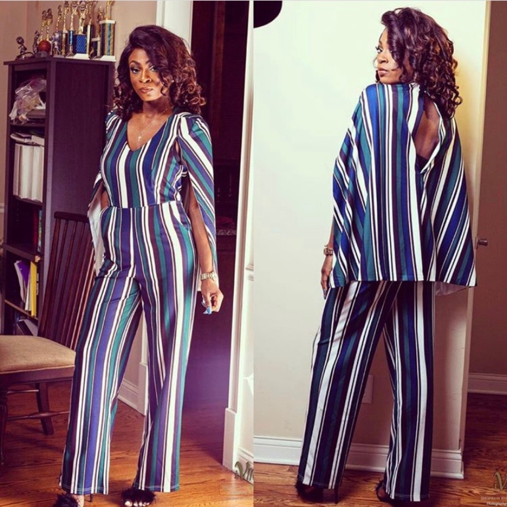 Striped Cape Tailored Jumpsuit in Hunter Green